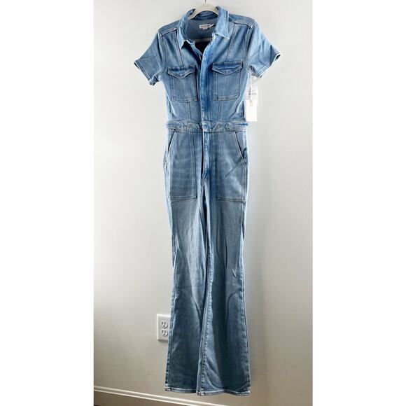 Good American Fit For Success Short Sleeve Bootcut Denim Jumpsuit Blue L - Picture 8 of 9